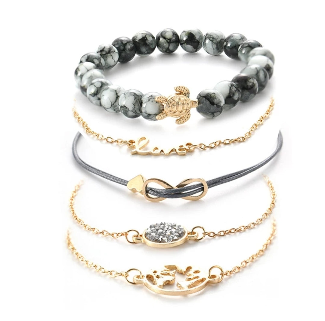 Joboly Set armbanden infinity love hartje diamant wereldbol schildpad 5 delig Dames Goudkleurig