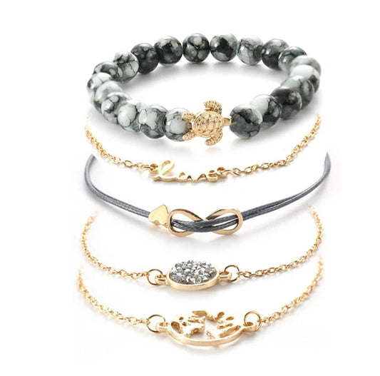 Joboly Set armbanden infinity love hartje diamant wereldbol schildpad 5 delig Dames Goudkleurig