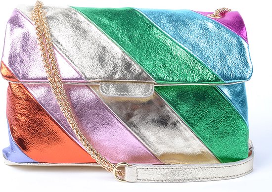 Giuliano Lederen schoudertas Rainbow metallic - Goud Roze Groot