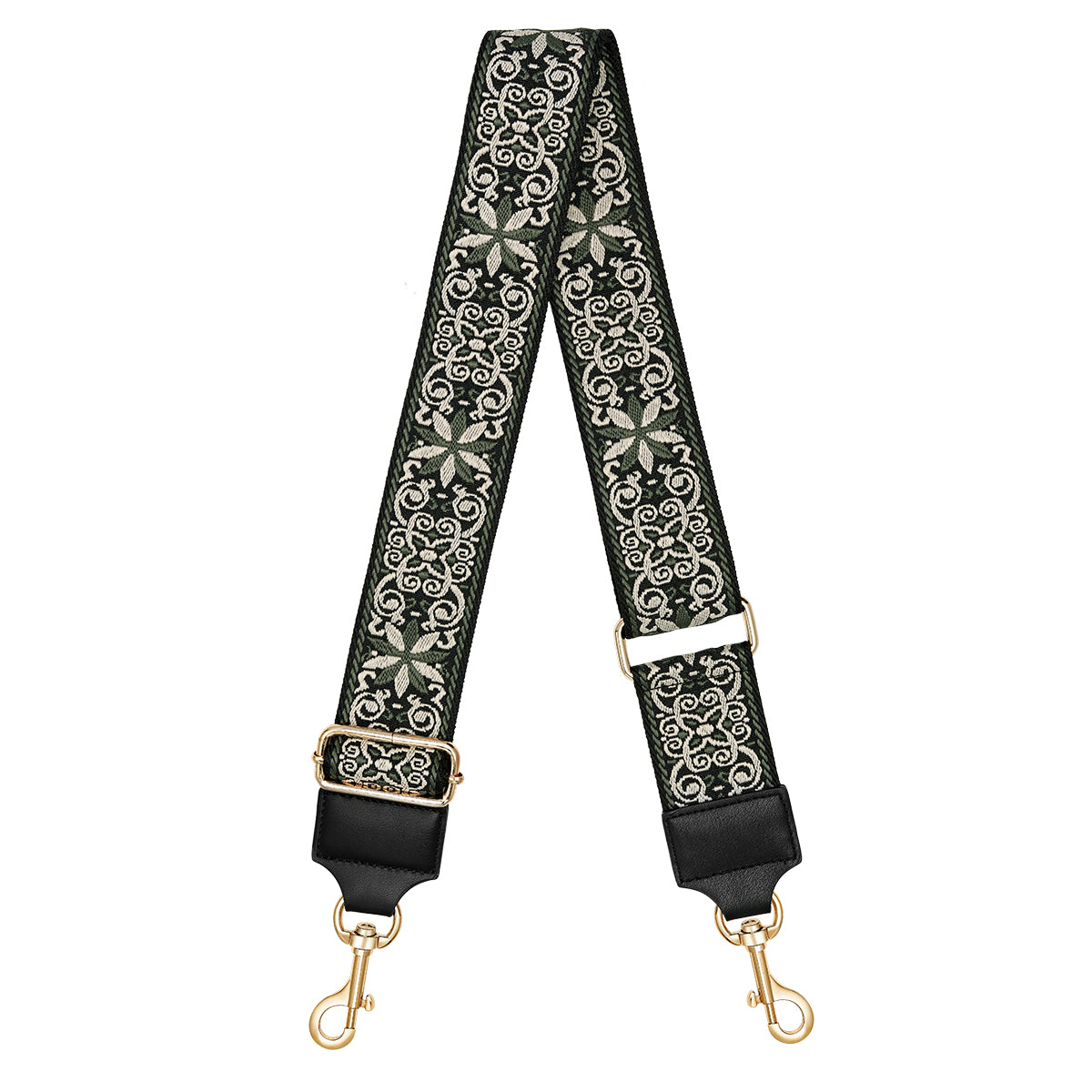 Schoudertasband - Tassenriem -Tashengsel - Schouderriem - Bag Strap - Verstelbaar - Zwart/Groen - Flower