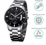 NIBOSI Horloges voor mannen Luxe Zilver Zwart Design Ø42