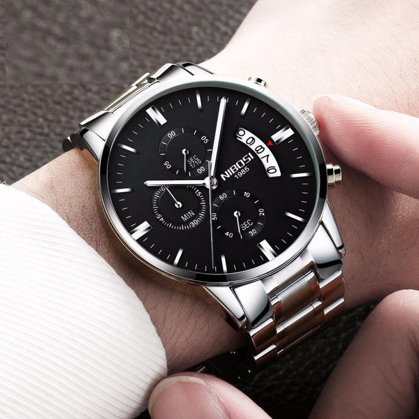 NIBOSI Horloges voor mannen Luxe Zilver Zwart Design Ø42