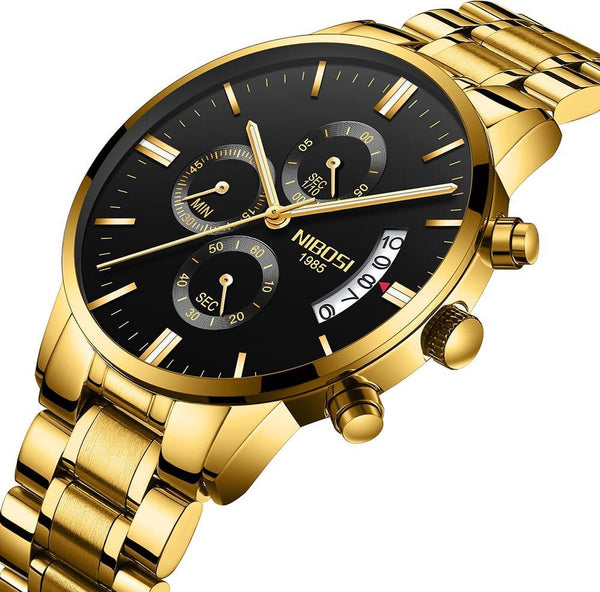 NIBOSI Horloges unisex – Quartz - Ø 36 mm – goud/Zwart