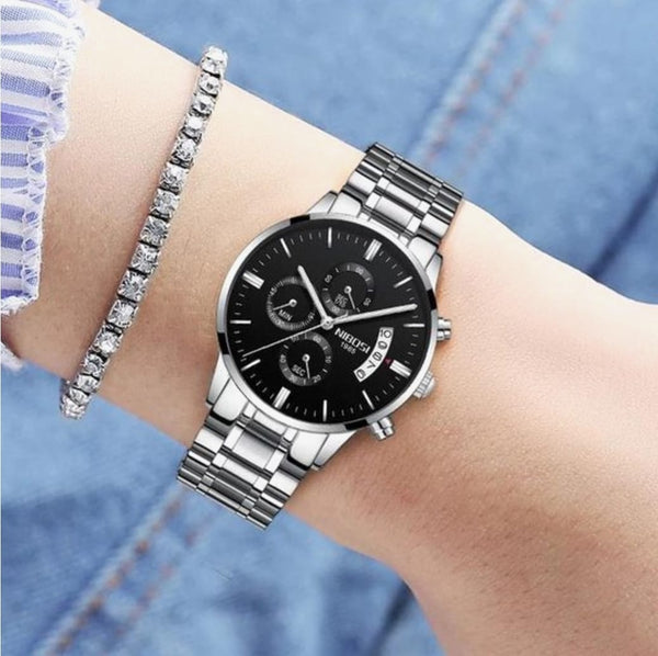 NIBOSI Horloges unisex – Quartz - Ø 36 mm – Zilver/Zwart